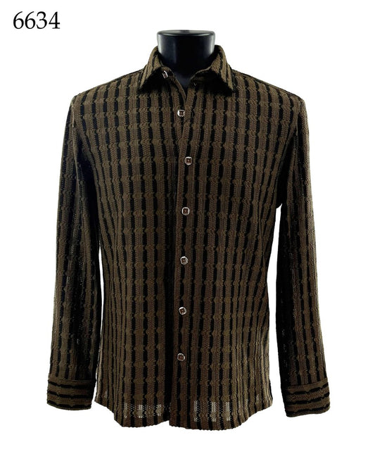 The Bassiri Long Sleeve Shirt 6634 by Bassiri is a brown and black button-up shirt with a geometric vertical stripe pattern, shown on a mannequin. Designed in a Regular Fit, this shirt delivers both style and comfort for any occasion.