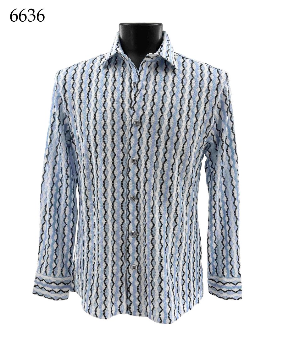 The Bassiri Long Sleeve Shirt 6636 by Bassiri is a light blue regular-fit button-up with a wavy black and white pattern, shown on a black mannequin torso. The number 6636 is displayed in the top left corner.