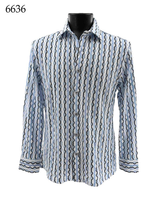 The Bassiri Long Sleeve Shirt 6636 by Bassiri is a light blue regular-fit button-up with a wavy black and white pattern, shown on a black mannequin torso. The number 6636 is displayed in the top left corner.