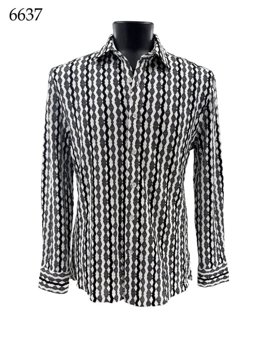 A black mannequin displays the Bassiri Long Sleeve Shirt 6637 by Bassiri, featuring a regular fit and a black and white geometric diamond pattern, with the code 6637 shown in the top left corner.