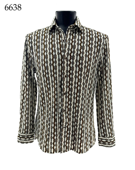 The Bassiri Long Sleeve Shirt 6638, a regular-fit button-up featuring a geometric brown, black, and white pattern, is displayed on a black mannequin against a white background. The number 6638 appears in the upper left corner.