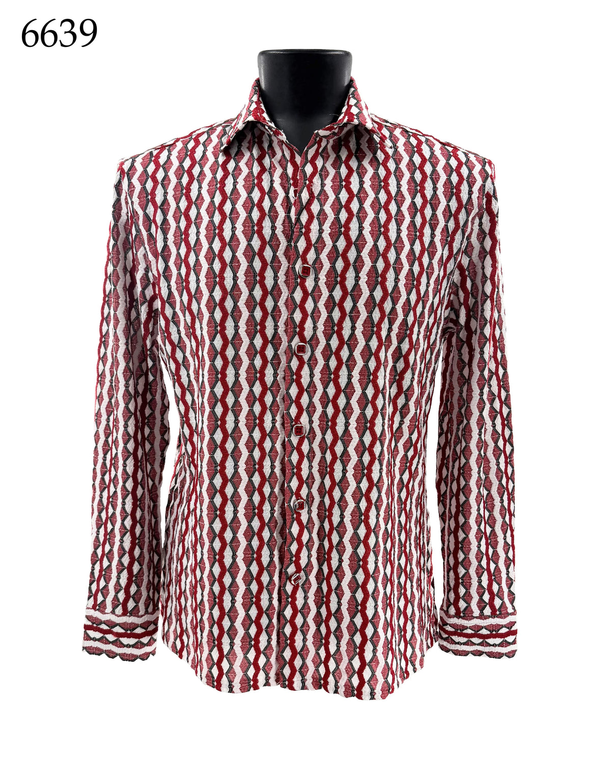 Bassiri Long Sleeve Shirt 6639 by Bassiri features a red, black, and white geometric pattern in a Regular Fit. Displayed on a black mannequin, the number 6639 appears in the top left corner.