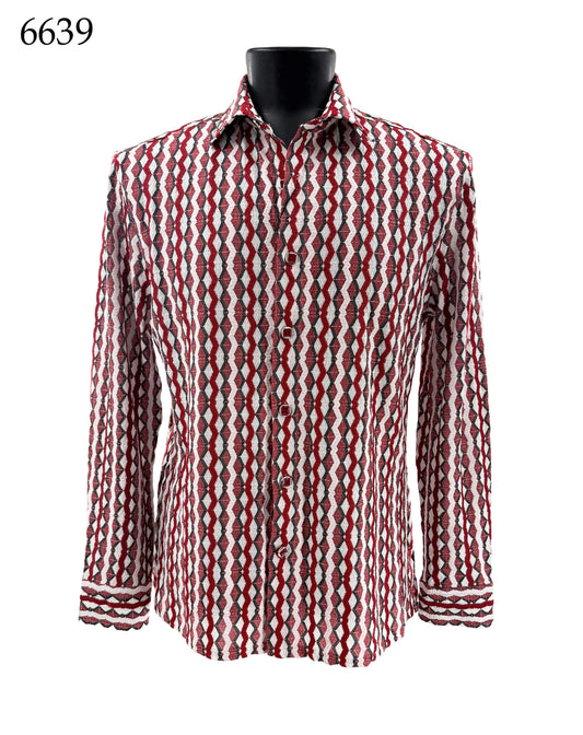 Bassiri Long Sleeve Shirt 6639 by Bassiri features a red, black, and white geometric pattern in a Regular Fit. Displayed on a black mannequin, the number 6639 appears in the top left corner.