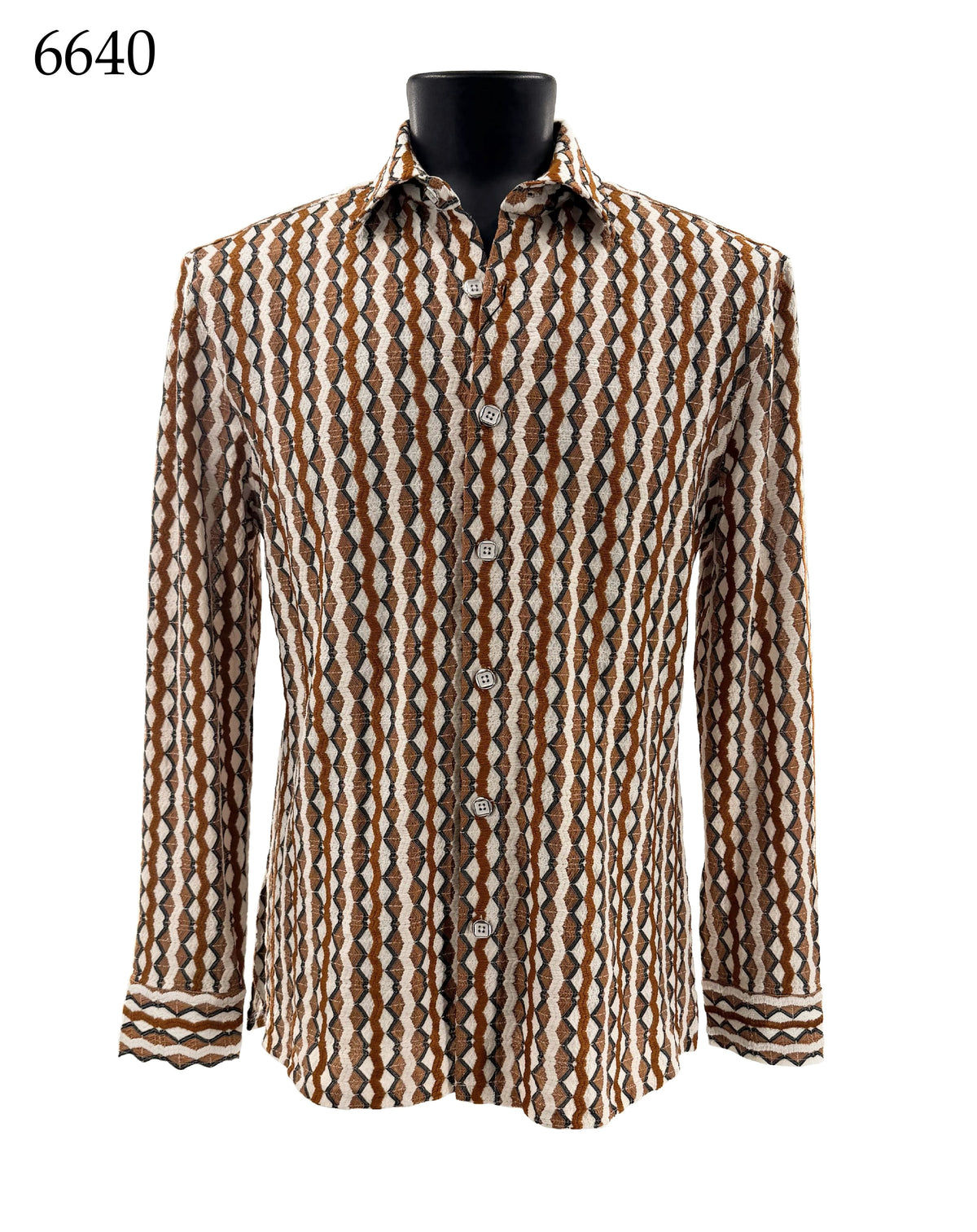 The Bassiri Long Sleeve Shirt 6640 by Bassiri is a regular fit, button-up shirt featuring a brown, black, and white geometric pattern, displayed on a black mannequin torso.