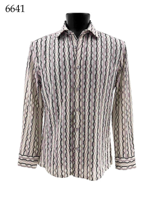 Bassiri Long Sleeve Shirt 6641 by Bassiri, designed in a Regular Fit with long sleeves and button-up front, features a wavy black, gray, and white pattern and is displayed on a black mannequin torso.
