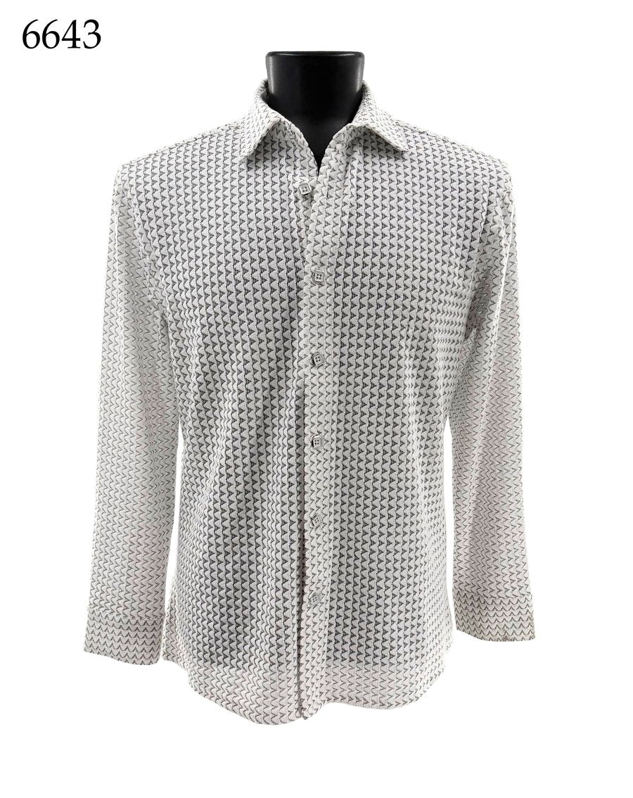 The Bassiri Long Sleeve Shirt 6643 by Bassiri features a black and white geometric pattern and is shown on a mannequin torso. This regular fit shirt combines comfort and style for everyday wear, with the number 6643 displayed in the top left corner.