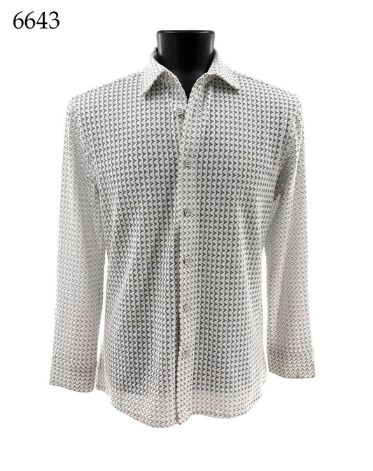 The Bassiri Long Sleeve Shirt 6643 by Bassiri features a black and white geometric pattern and is shown on a mannequin torso. This regular fit shirt combines comfort and style for everyday wear, with the number 6643 displayed in the top left corner.