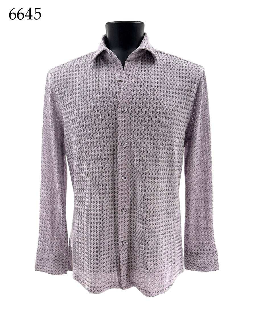 Bassiri Long Sleeve Shirt 6645 by Bassiri, featuring a geometric pattern in a Regular Fit, is displayed on a black mannequin. The number 6645 appears in the top left corner.