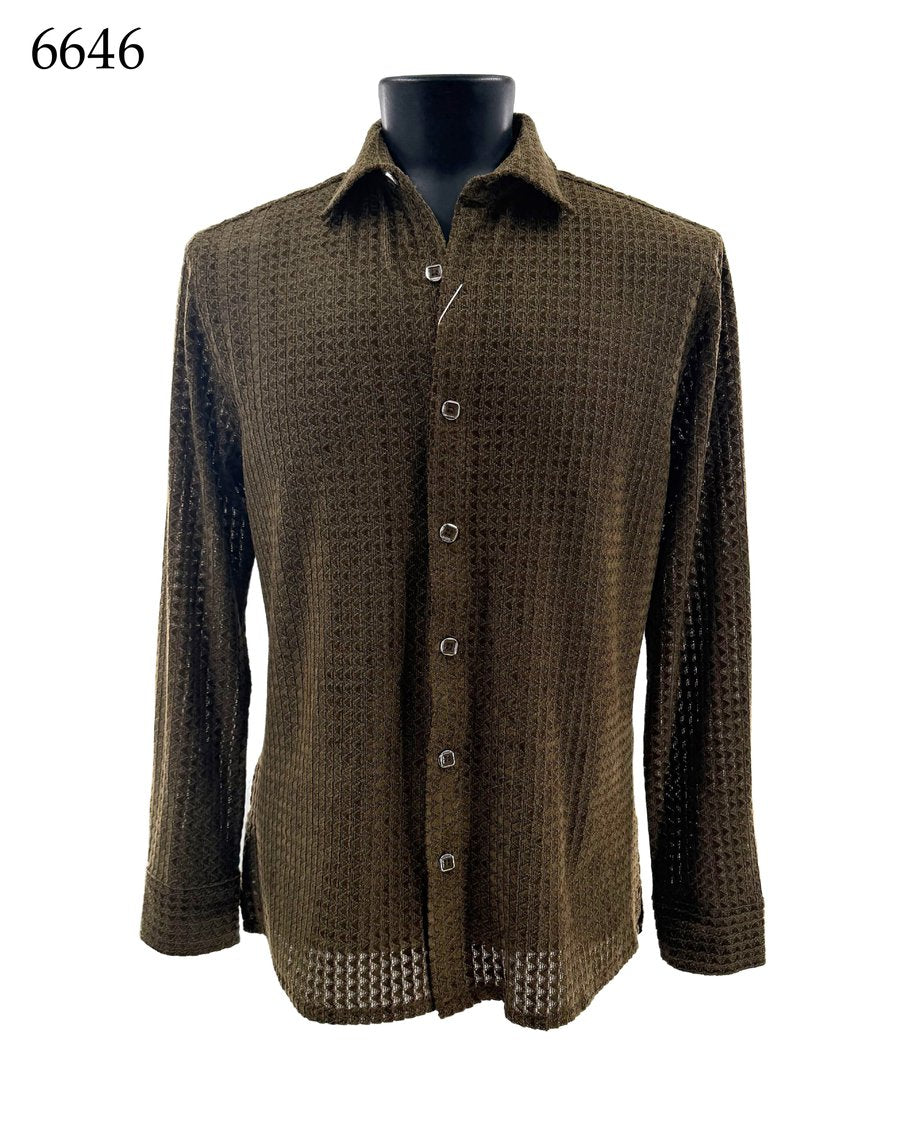 Bassiri Long Sleeve Shirt 6646 by Bassiri in olive green textured fabric, Regular Fit, button-up style with long sleeves, shown on a black mannequin torso against a white background; the number 6646 appears in the top left corner.