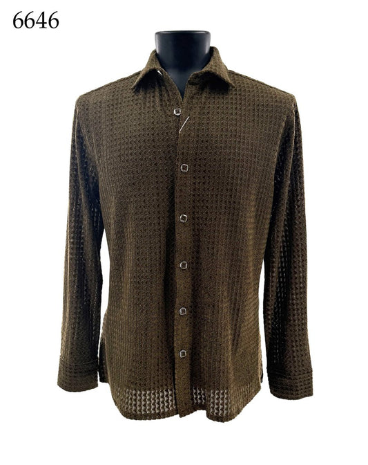 Bassiri Long Sleeve Shirt 6646 by Bassiri in olive green textured fabric, Regular Fit, button-up style with long sleeves, shown on a black mannequin torso against a white background; the number 6646 appears in the top left corner.