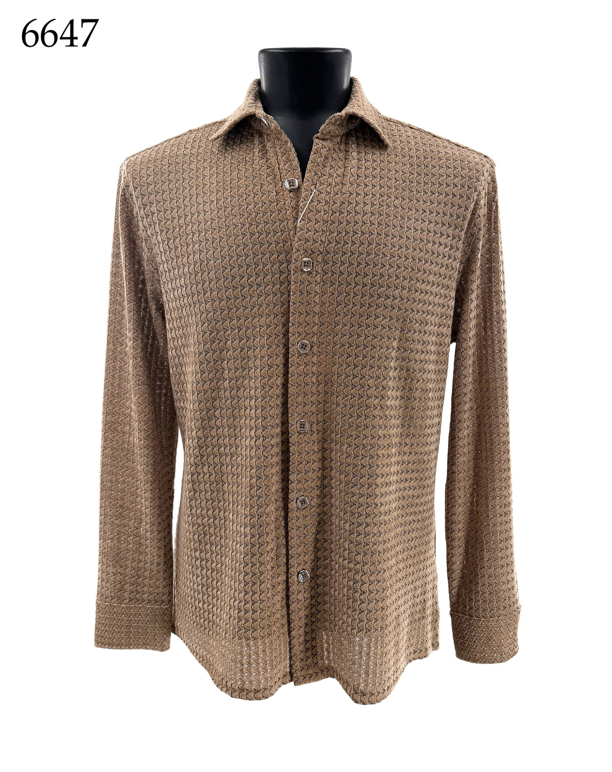 The Bassiri Long Sleeve Shirt 6647 by Bassiri, featuring a textured brown fabric and regular fit with button-up closure, is displayed on a black mannequin torso against a white background. The number 6647 appears in the top left corner.