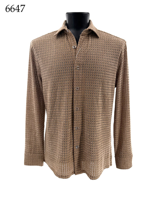 The Bassiri Long Sleeve Shirt 6647 by Bassiri, featuring a textured brown fabric and regular fit with button-up closure, is displayed on a black mannequin torso against a white background. The number 6647 appears in the top left corner.