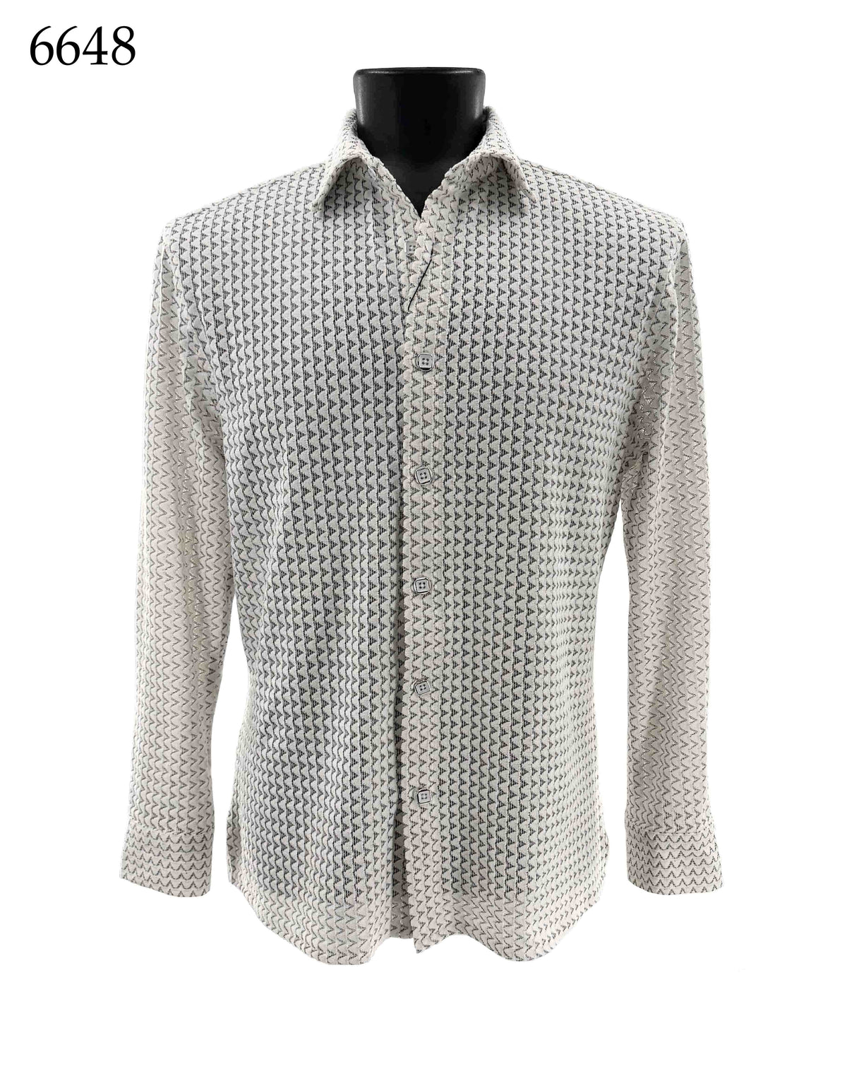 The Bassiri Long Sleeve Shirt 6648 by Bassiri features a regular fit and button-up front, detailed with a subtle geometric pattern in gray and white. Displayed on a black mannequin torso, item number 6648 is visible in the top left corner.