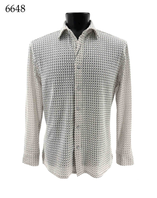 The Bassiri Long Sleeve Shirt 6648 by Bassiri features a regular fit and button-up front, detailed with a subtle geometric pattern in gray and white. Displayed on a black mannequin torso, item number 6648 is visible in the top left corner.