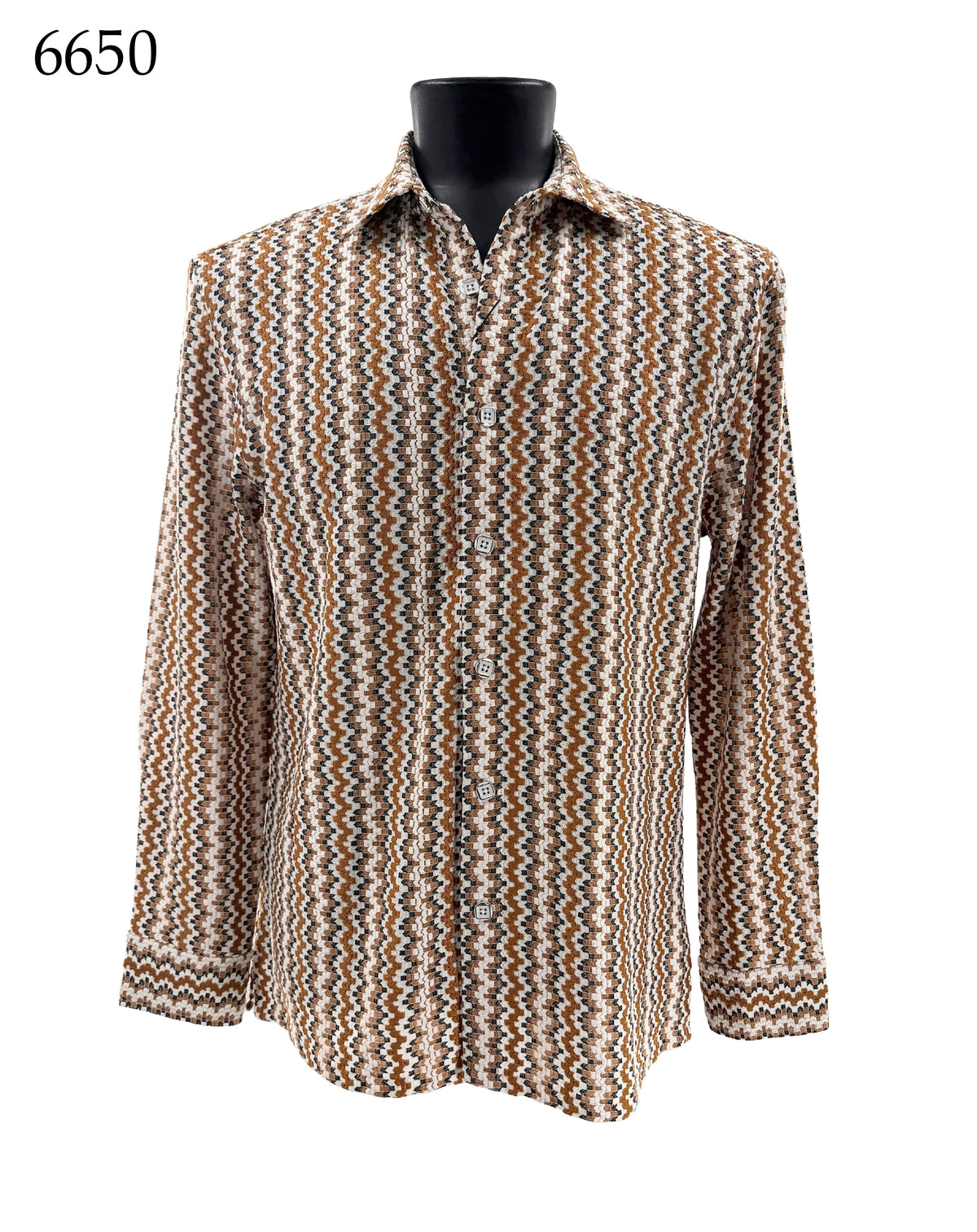 Bassiri Long Sleeve Shirt 6650 by Bassiri, featuring a brown, white, and black zigzag pattern and displayed on a black mannequin torso. The number 6650 is shown in the upper left corner.