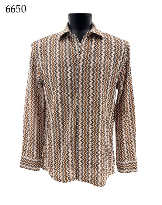 Bassiri Long Sleeve Shirt 6650 by Bassiri, featuring a brown, white, and black zigzag pattern and displayed on a black mannequin torso. The number 6650 is shown in the upper left corner.