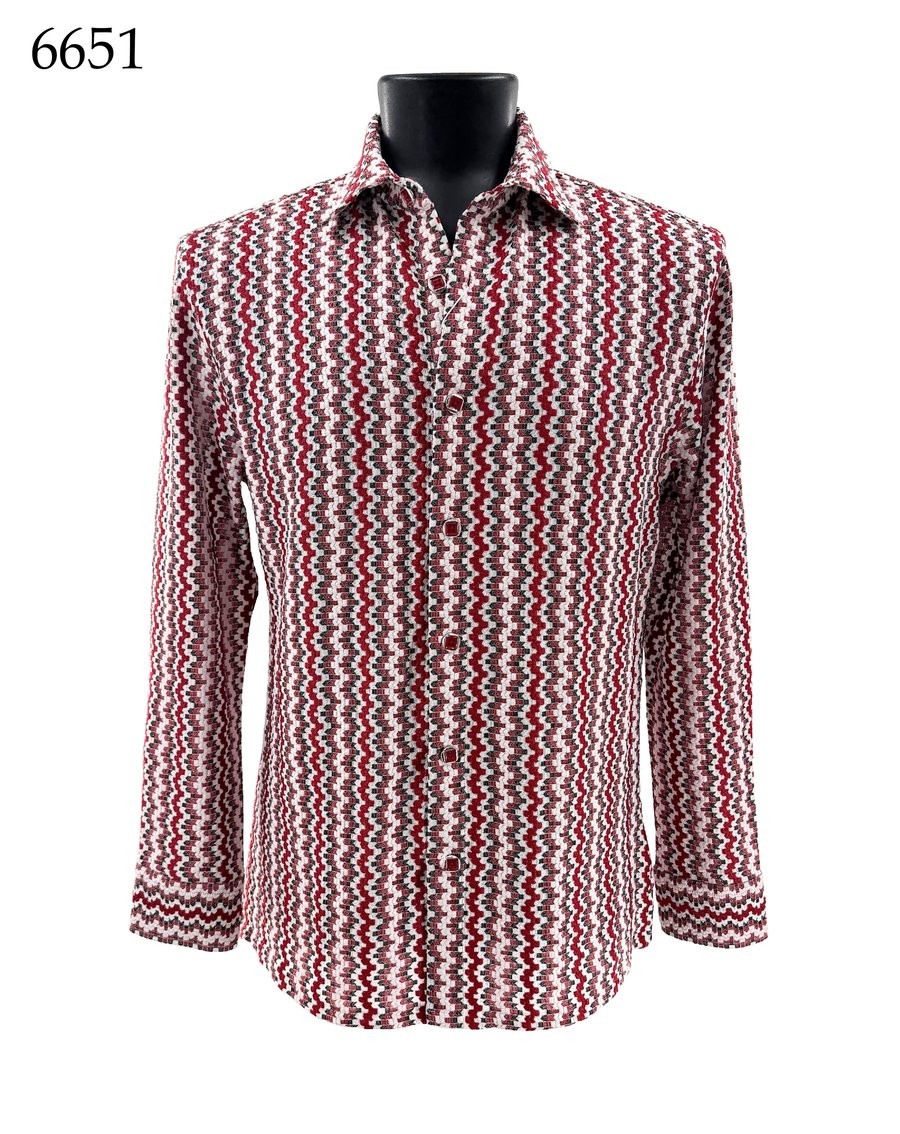 The Bassiri Long Sleeve Shirt 6651 by Bassiri is a regular fit, button-up shirt showcasing a bold red, black, and white zigzag pattern. It is displayed on a black mannequin torso with the number 6651 shown in the top left corner.