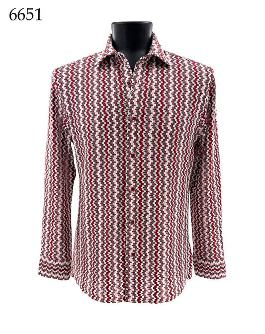 The Bassiri Long Sleeve Shirt 6651 by Bassiri is a regular fit, button-up shirt showcasing a bold red, black, and white zigzag pattern. It is displayed on a black mannequin torso with the number 6651 shown in the top left corner.