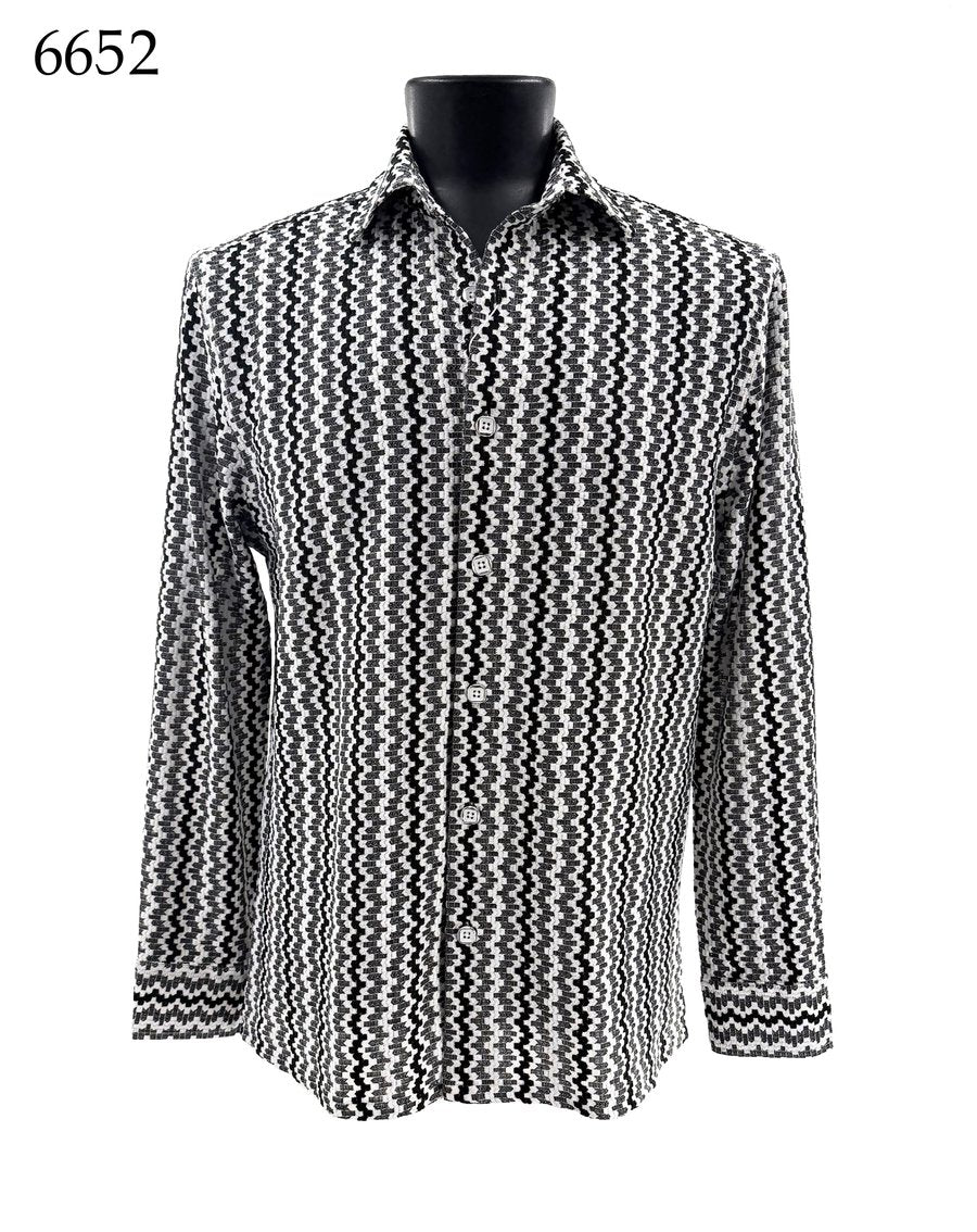 Bassiri Long Sleeve Shirt 6652 by Bassiri, featuring a black and white zigzag pattern in a comfortable Regular Fit, is displayed on a mannequin. The number 6652 appears in the top left corner.