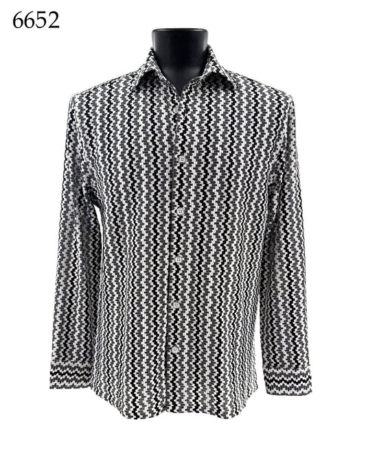 Bassiri Long Sleeve Shirt 6652 by Bassiri, featuring a black and white zigzag pattern in a comfortable Regular Fit, is displayed on a mannequin. The number 6652 appears in the top left corner.