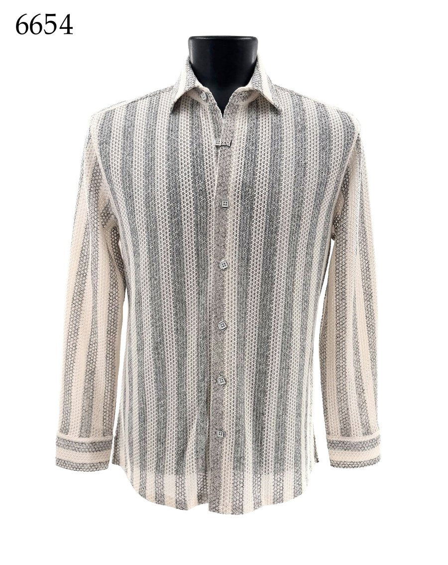 The Bassiri Long Sleeve Shirt 6654 by Bassiri is shown on a black mannequin torso. This regular fit shirt features vertical black and beige stripes, offering a classic look with everyday comfort. The number 6654 is displayed in the top left corner.