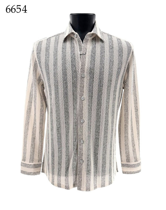 The Bassiri Long Sleeve Shirt 6654 by Bassiri is shown on a black mannequin torso. This regular fit shirt features vertical black and beige stripes, offering a classic look with everyday comfort. The number 6654 is displayed in the top left corner.