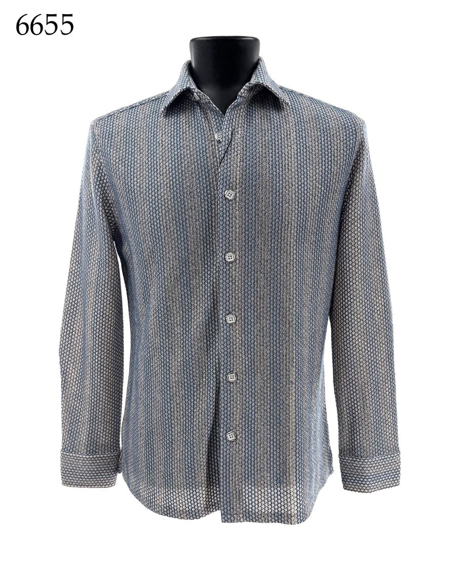The Bassiri Long Sleeve Shirt 6655 by Bassiri is a regular fit, button-up shirt featuring a blue and white small geometric pattern, displayed on a black mannequin with the number 6655 shown in the top left corner.