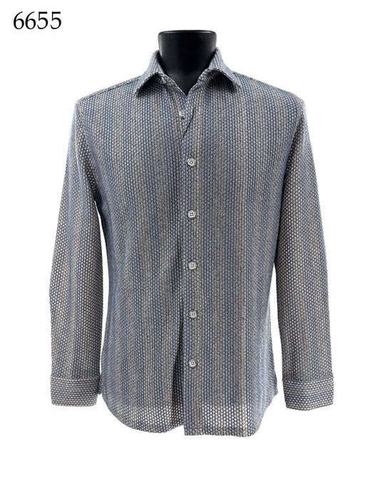 The Bassiri Long Sleeve Shirt 6655 by Bassiri is a regular fit, button-up shirt featuring a blue and white small geometric pattern, displayed on a black mannequin with the number 6655 shown in the top left corner.