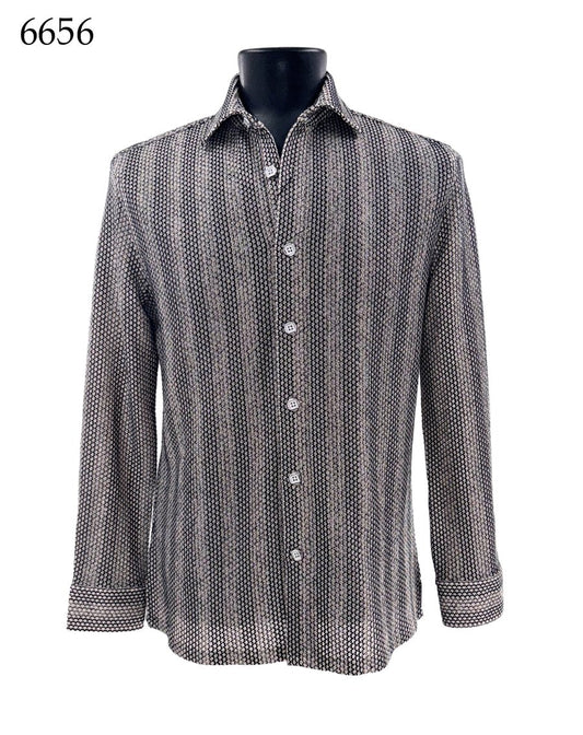 Bassiri Long Sleeve Shirt 6656 by Bassiri, featuring a black and white patterned design in a Regular Fit with button-up closure, displayed on a mannequin; the number 6656 appears in the top left corner.