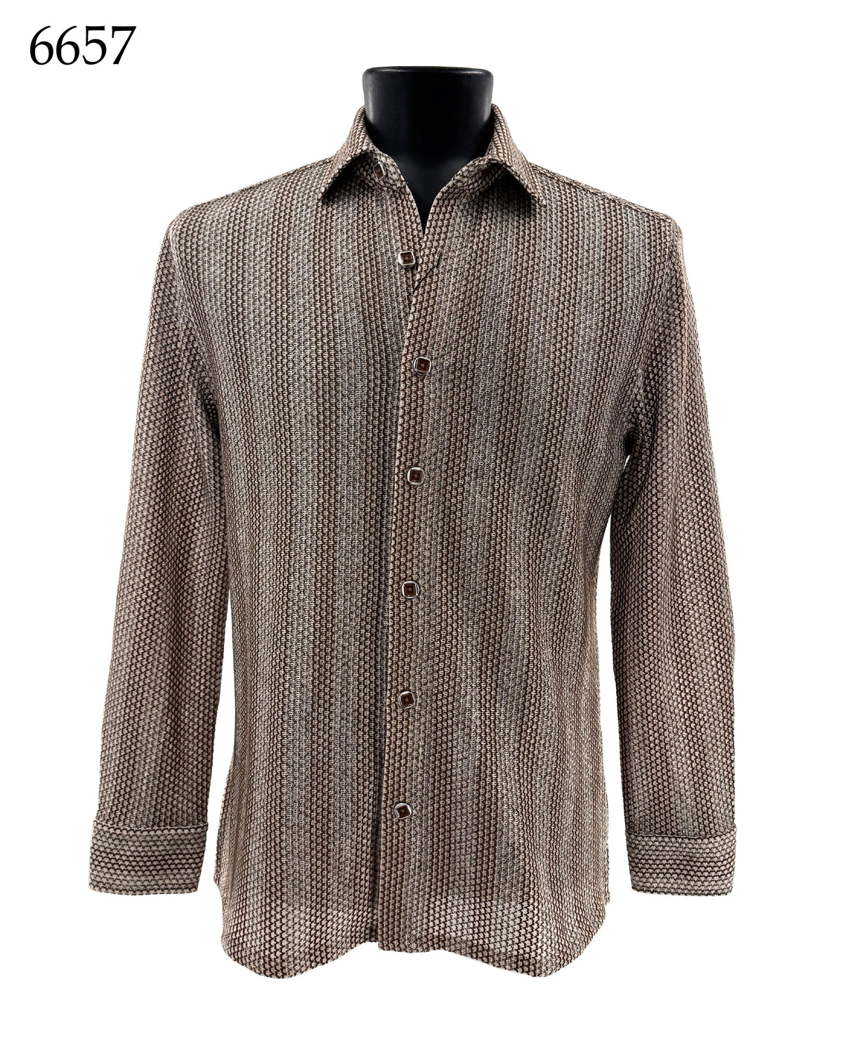 The Bassiri Long Sleeve Shirt 6657, a regular fit design from Bassiri, features a brown and beige geometric pattern and is shown on a black mannequin. The number 6657 is displayed in the top left corner.