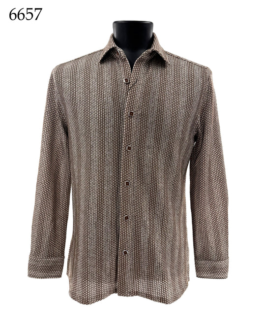The Bassiri Long Sleeve Shirt 6657, a regular fit design from Bassiri, features a brown and beige geometric pattern and is shown on a black mannequin. The number 6657 is displayed in the top left corner.
