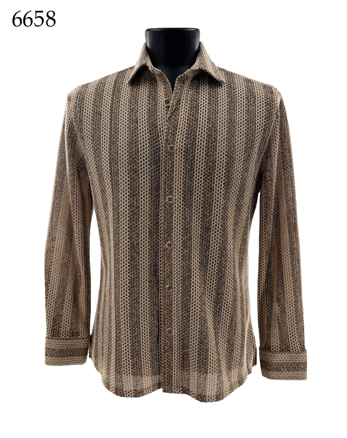 The Bassiri Long Sleeve Shirt 6658 by Bassiri, featuring a regular fit and brown and beige vertical stripes, is displayed on a black mannequin with the number 6658 shown in the top left corner.