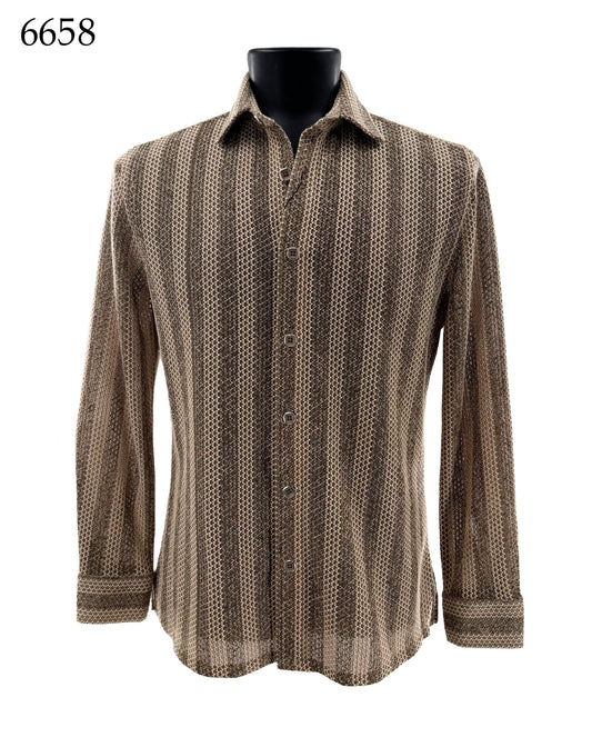 The Bassiri Long Sleeve Shirt 6658 by Bassiri, featuring a regular fit and brown and beige vertical stripes, is displayed on a black mannequin with the number 6658 shown in the top left corner.