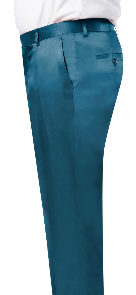 A close-up side view shows the lower torso and upper legs of a person wearing EJ SAMUEL’s Teal Satin Pants PS02 with a white shirt. Only the pants and part of the shirt are visible.