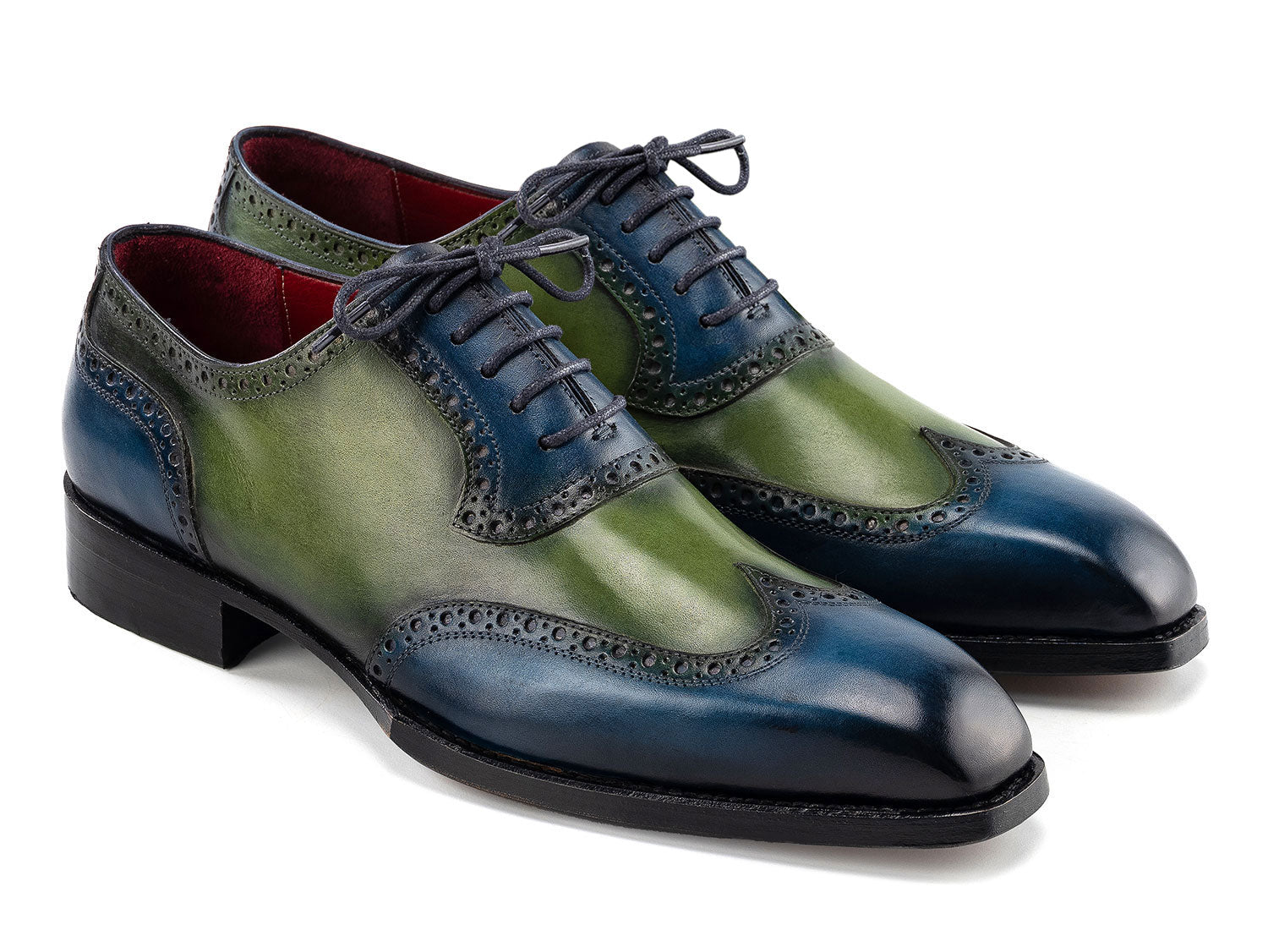 The Paul Parkman Goodyear Welted Men's Wingtip Oxfords (6819-BRN) feature blue and green hand-painted leather, brogue details, and black laces, shown on a white background.