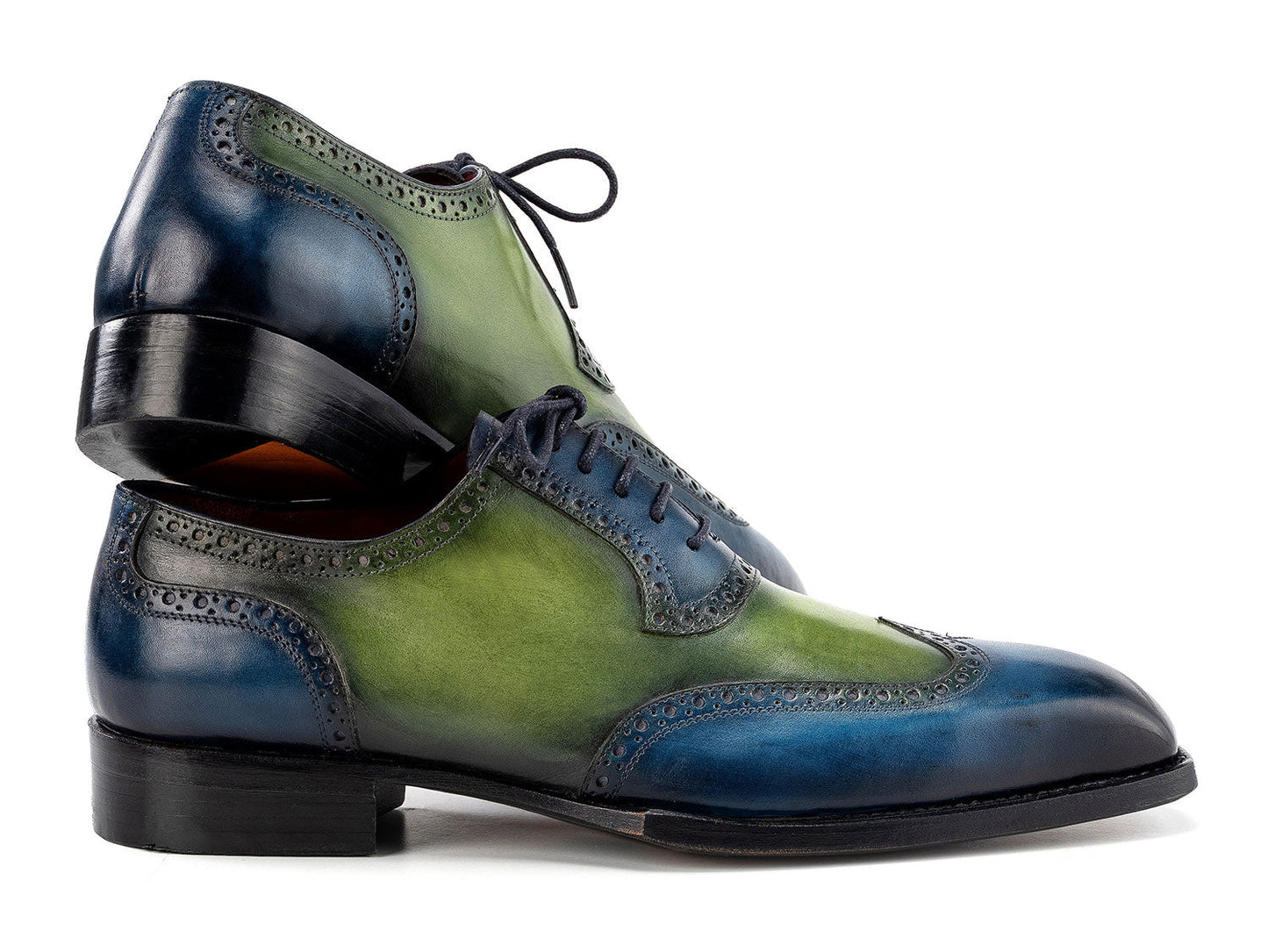 The Paul Parkman Goodyear Welted Men's Wingtip Oxfords (6819-BRN) feature blue and green hand-painted leather, brogue details, and black laces, shown on a white background.