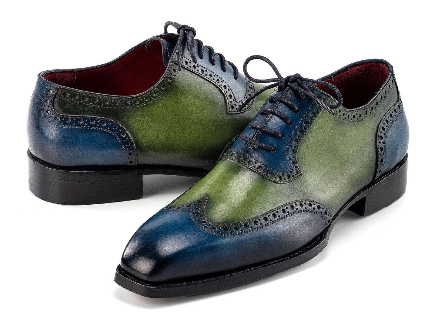 The Paul Parkman Goodyear Welted Men's Wingtip Oxfords (6819-BRN) feature blue and green hand-painted leather, brogue details, and black laces, shown on a white background.