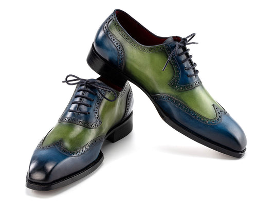 The Paul Parkman Goodyear Welted Men's Wingtip Oxfords (6819-BRN) feature blue and green hand-painted leather, brogue details, and black laces, shown on a white background.