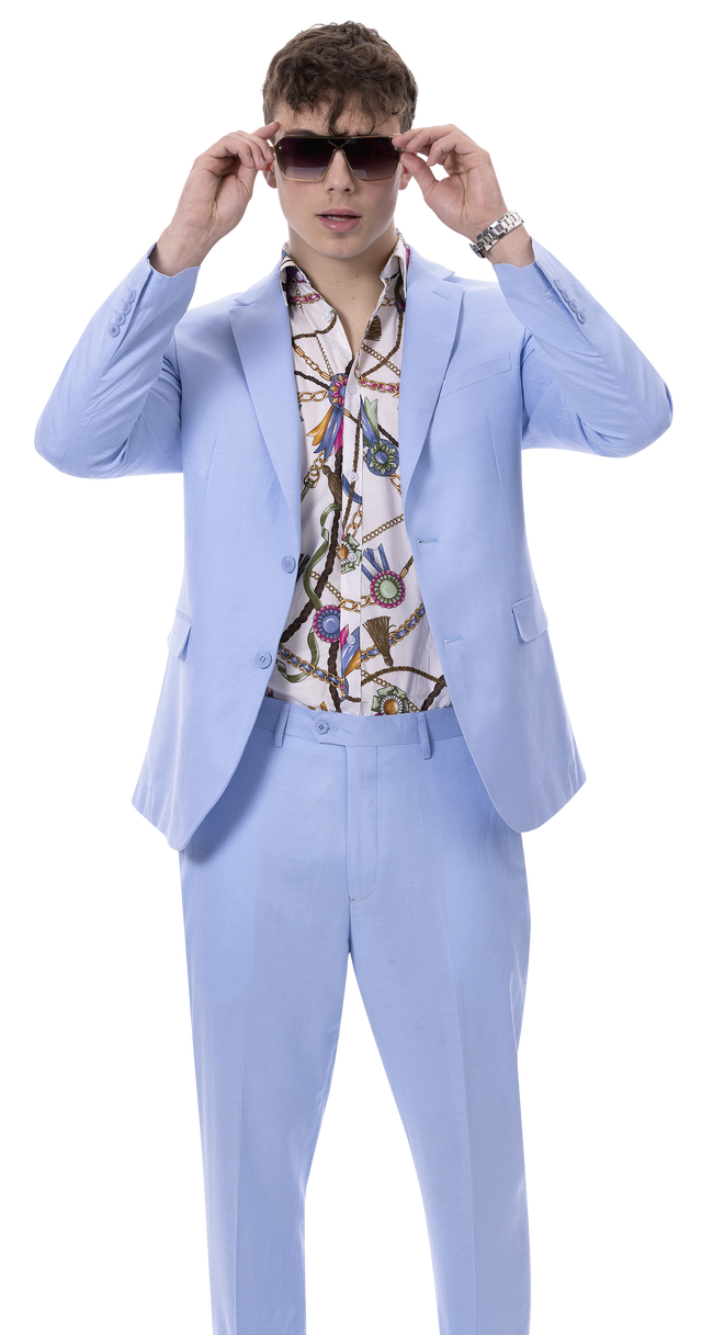 A man in the EJ Samuel Blue Suit M2792 by EJ SAMUEL, featuring lined pants, a patterned shirt, and sunglasses, adjusts his glasses while posing against a plain white background.