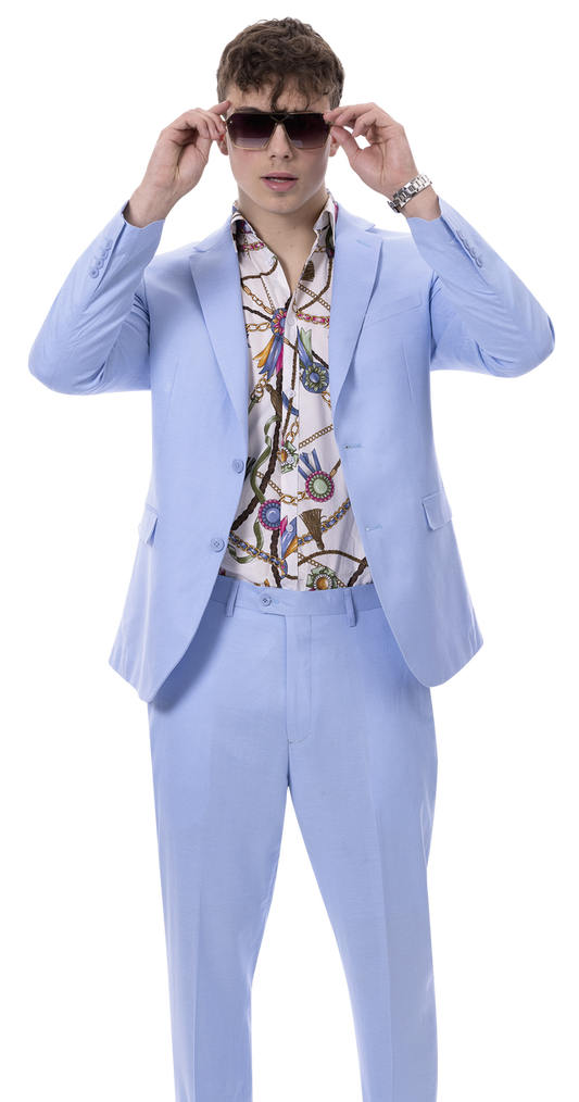 A man in the EJ Samuel Blue Suit M2792 by EJ SAMUEL, featuring lined pants, a patterned shirt, and sunglasses, adjusts his glasses while posing against a plain white background.