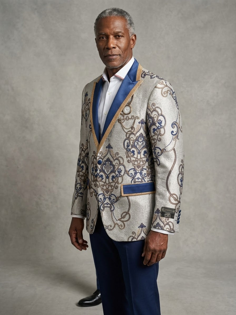 EJ SAMUEL JACKET 8 Size XL: White blazer with blue, gold, and brown baroque details—final sale; no returns or exchanges.