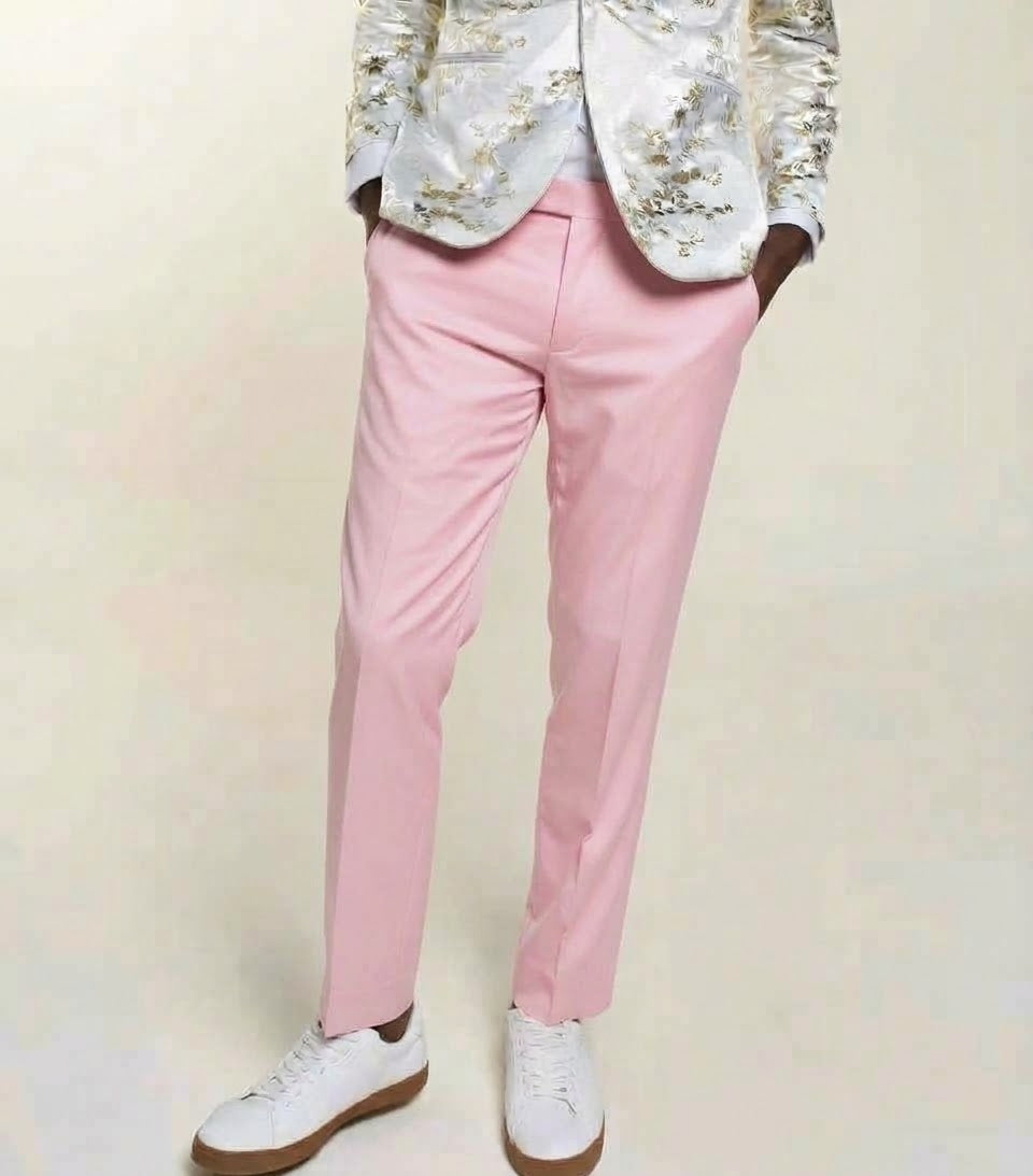 Close-up of the waistband and top of the Inserch Stretch Satin Pants P3901-00062 Pink, a pair of slim fit dress pants by Inserch, featuring belt loops and a button closure.