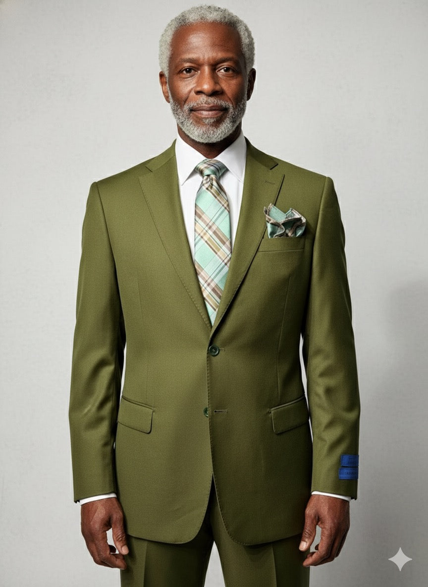 The Cavellini Uomo Dolcetto MODERN FIT Suit 6667/112 by CAVELLI is displayed on a mannequin with matching trousers, a plaid tie, and pocket square in a wood-paneled room.