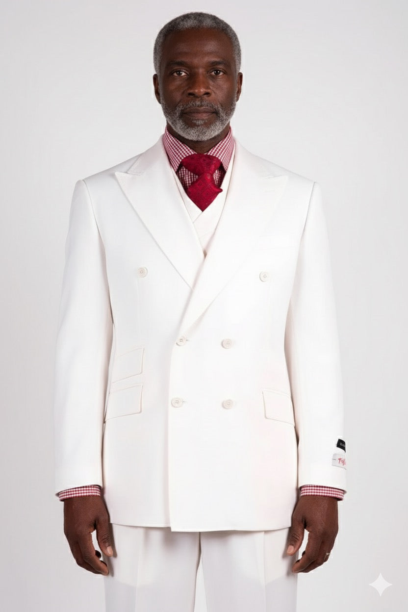 The sophisticated Tiglio Rosso DB Este Solid Off White suit displayed on the mannequin, complemented by a red checkered shirt and a red patterned tie, exemplifies the elegance of Tiglio Rosso suits. Made entirely from 100% wool, this outfit embodies timeless style and exceptional quality.
