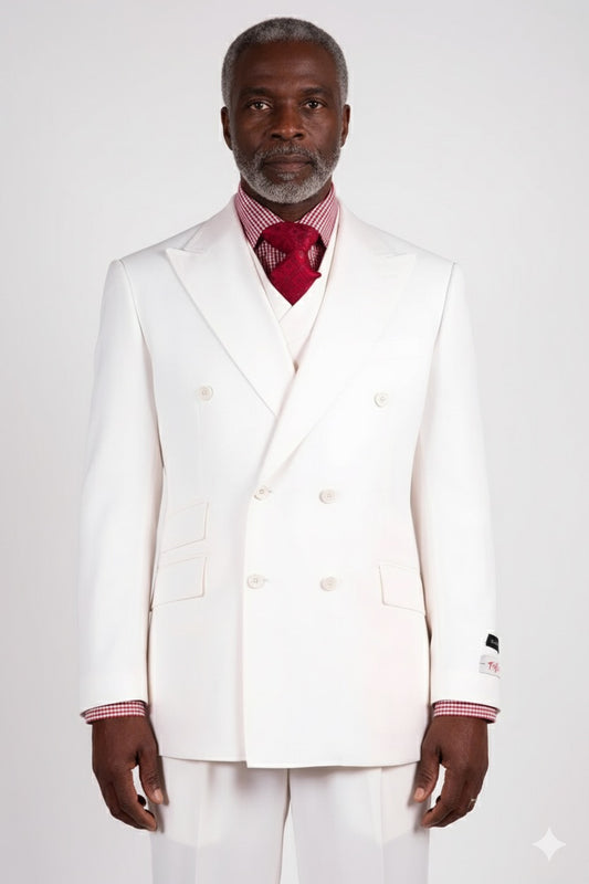 The sophisticated Tiglio Rosso DB Este Solid Off White suit displayed on the mannequin, complemented by a red checkered shirt and a red patterned tie, exemplifies the elegance of Tiglio Rosso suits. Made entirely from 100% wool, this outfit embodies timeless style and exceptional quality.