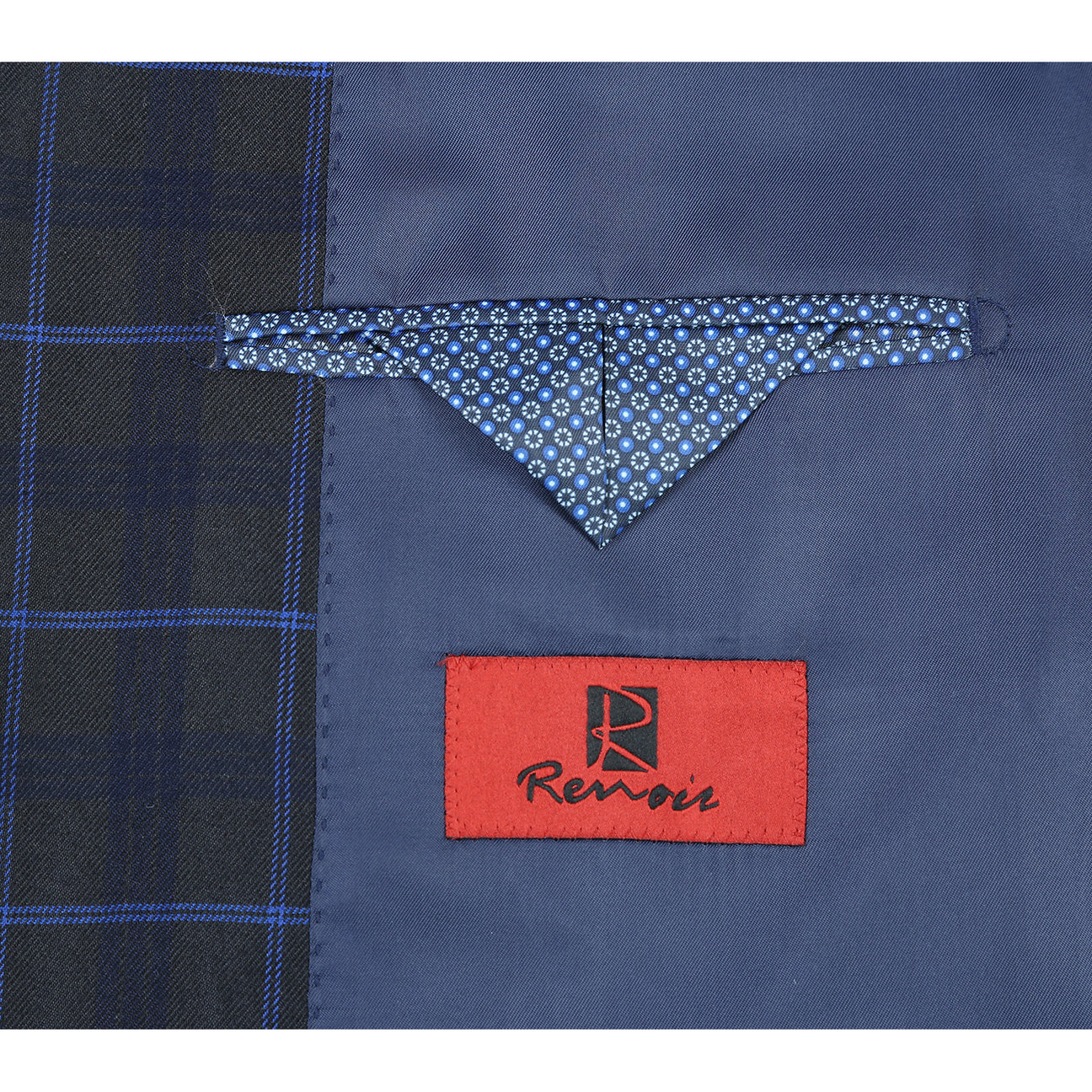 The Renoir Alessandro Vitello Blue Slim Fit Checked Suit (Blue 293-27) is displayed on a headless mannequin, paired with a white dress shirt and blue-striped tie.
