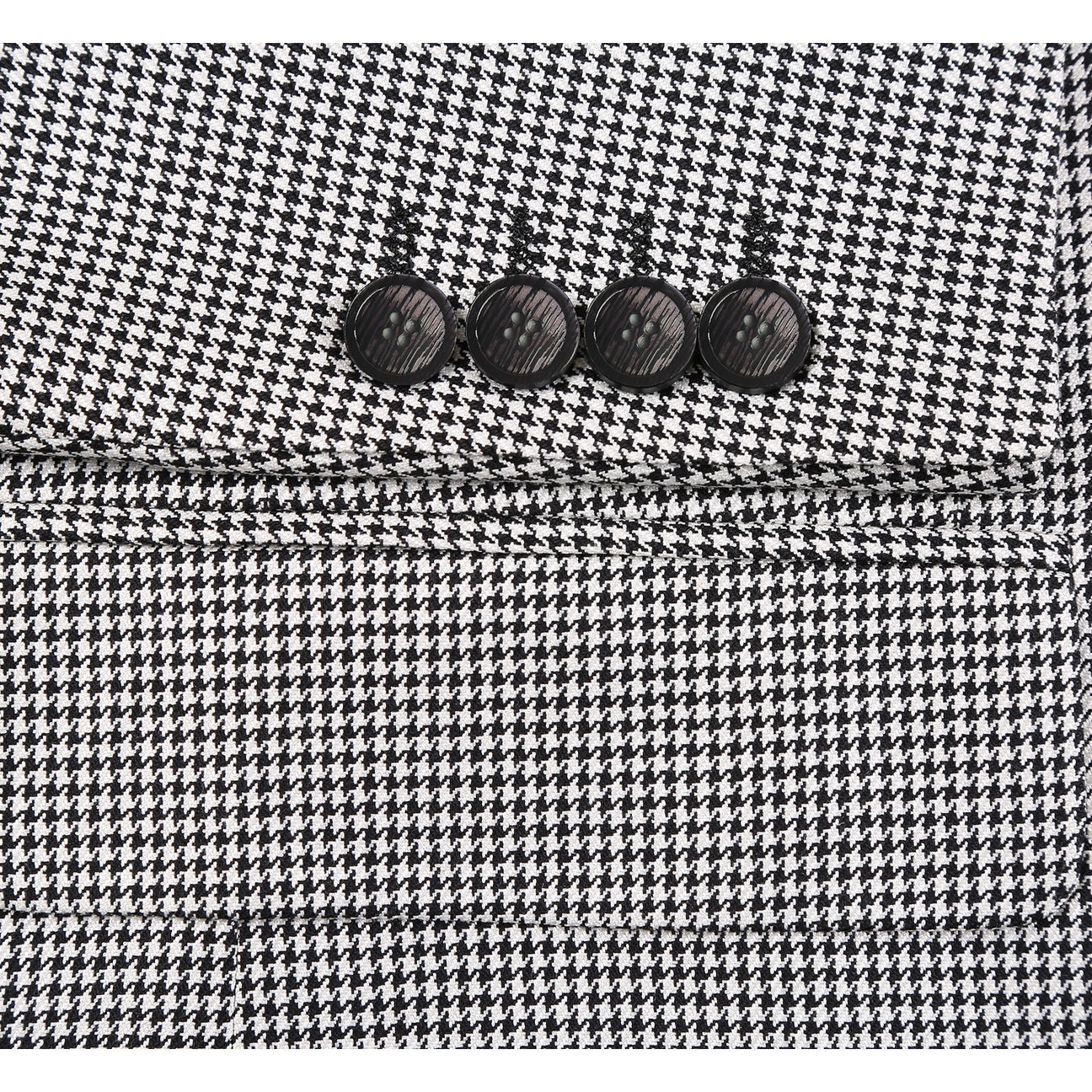 The Alessandro Vitello by Renoir New Slim Fit Wool Off White Black Blazer 565-20 by Renoir, shown with a white dress shirt and striped tie on a headless mannequin.