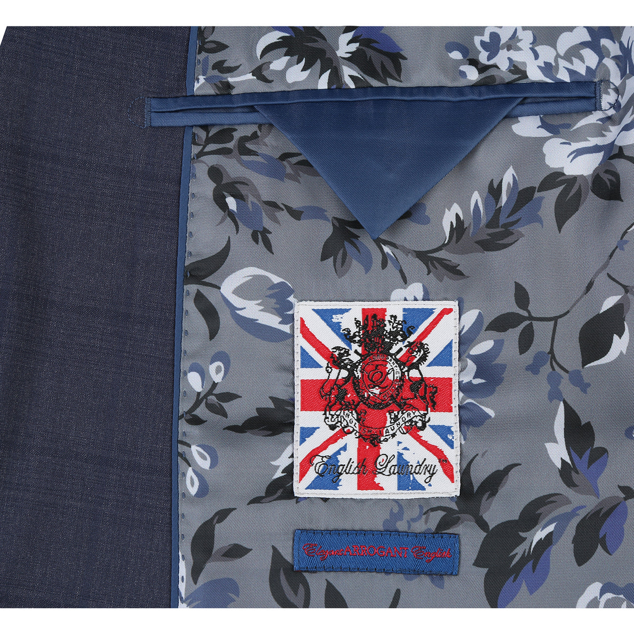 The ENGLISH LAUNDRY Grey Blue Check Suit 12-52-095EL by English Laundry is styled over a white dress shirt and a patterned blue tie, displayed on a headless mannequin.