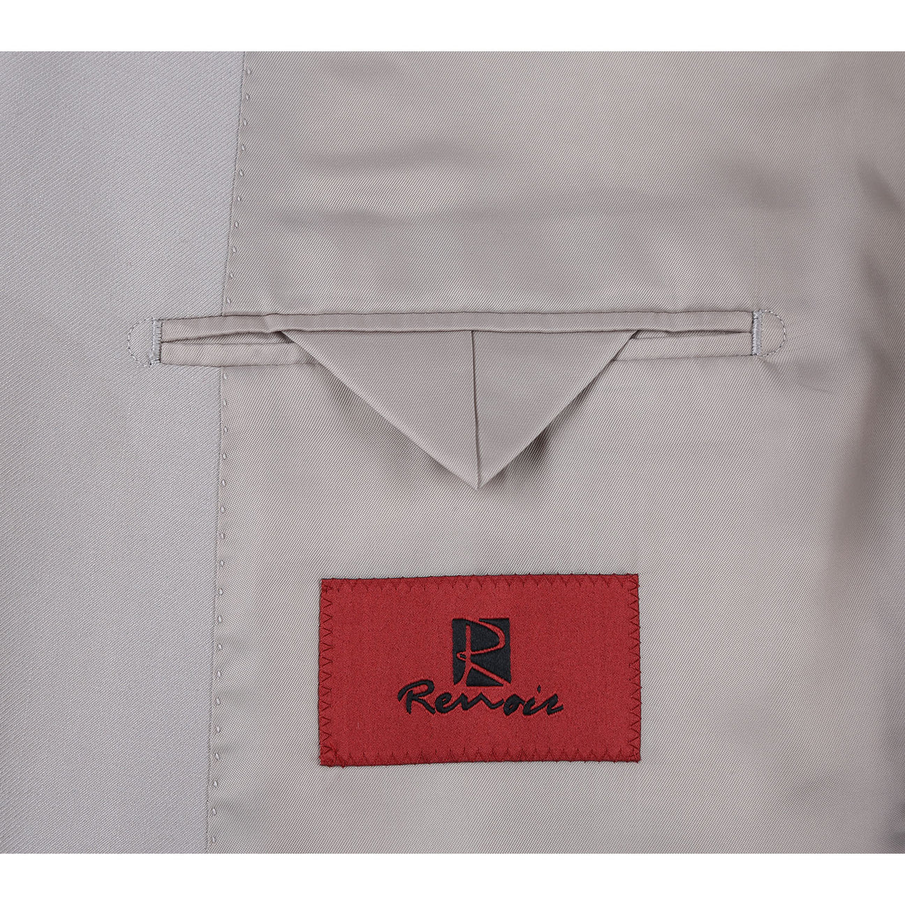 An Alessandro Vitello by Renoir beige slim fit two-piece single-breasted notch lapel suit jacket, featuring two buttons, is styled on a mannequin over a white shirt with a black polka-dot tie.