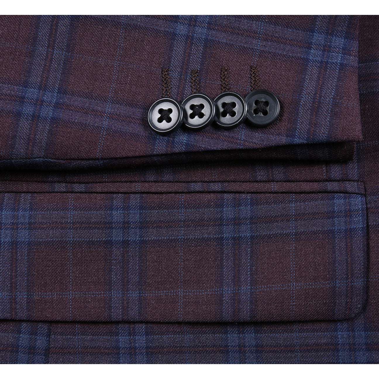 Plaid suit jacket with a purple tie and pocket square on a mannequin, with close-up details of the fabric and brand label.